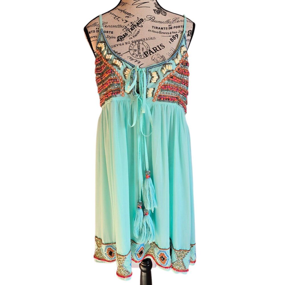 Boston Proper fairycore boho glam turquoise  beaded artzy dress XL
